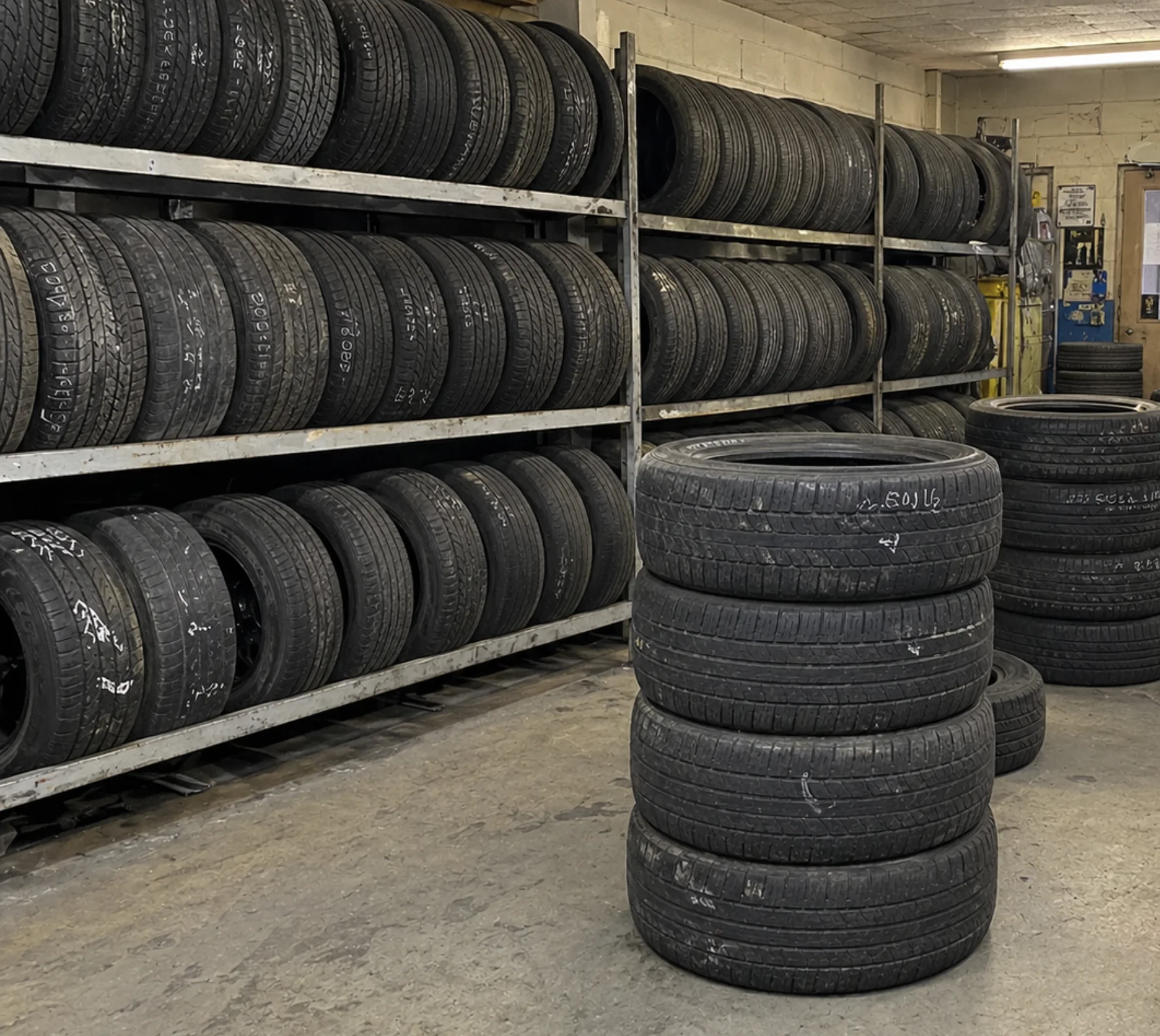 Rows of used tires on racks and stacked on the floor inside John's Used Tires